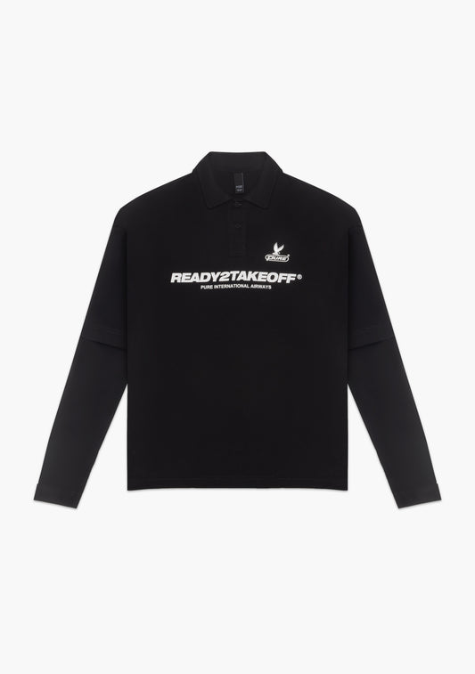 Ready To Take Off Black Long Sleeve Polo
